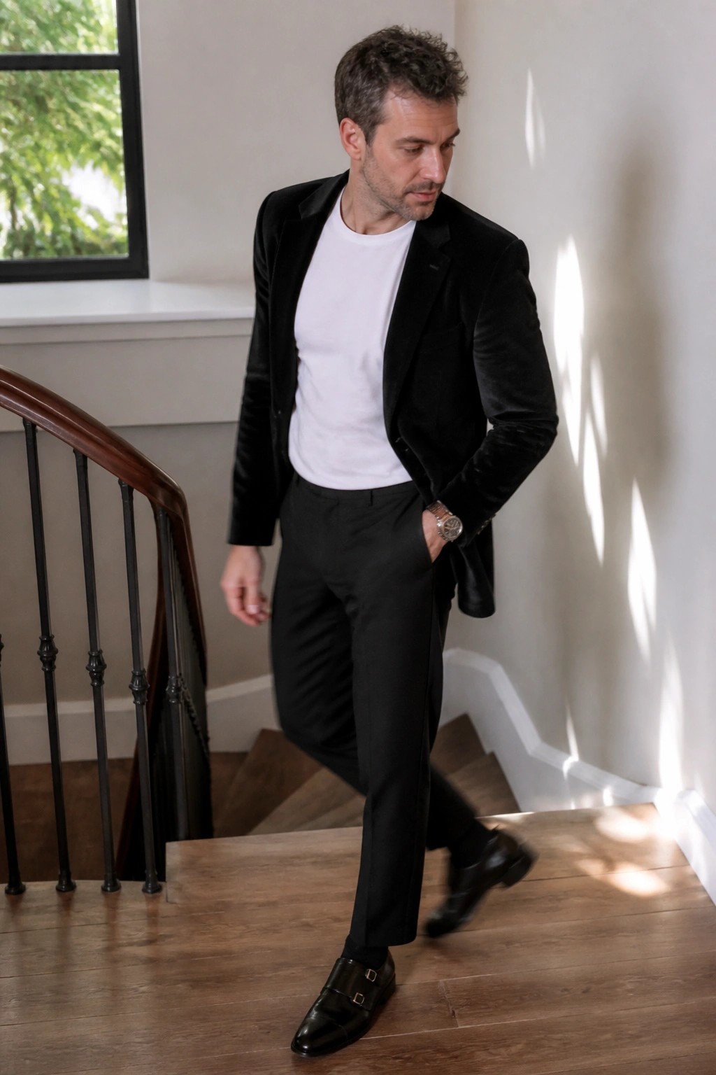 A man wearing a black velvet blazer over a white t-shirt with black tapered dress pants and black double monk strap shoes, standing on stairs.