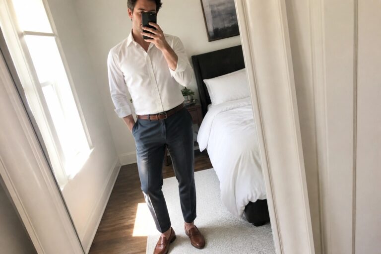 24 Contemporary Men’s Tapered Dress Pants Outfits That Create a Sleek Formal Look Man in white dress shirt tucked into gray tapered pants with brown belt and loafers taking a mirror selfie in a bedroom setting