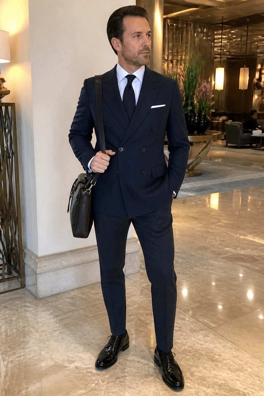 Man wearing a navy double breasted suit with tapered dress pants, white shirt, dark tie, black dress shoes, and carrying a brown leather bag over one shoulder.