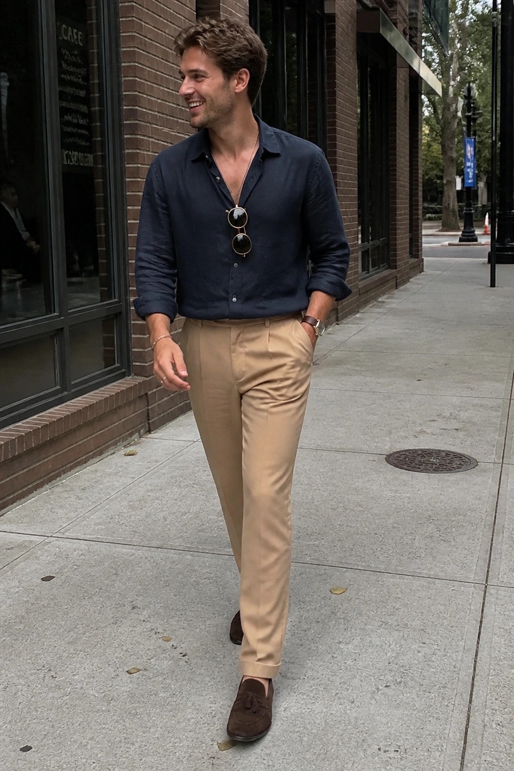 Man wearing a navy blue button down shirt tucked into tan tapered dress pants with brown suede loafers and casual accessories on a city sidewalk.