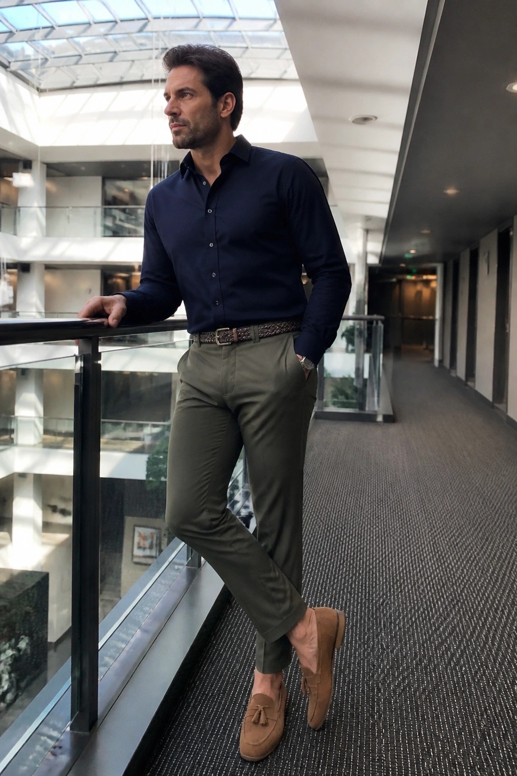 Man in navy shirt and olive pants leaning on glass railing in modern hallway.