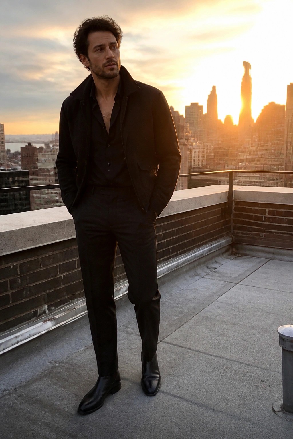 Man wearing an all-black outfit with a structured jacket over a button-down shirt, tapered dress pants, and polished black boots standing on a rooftop.