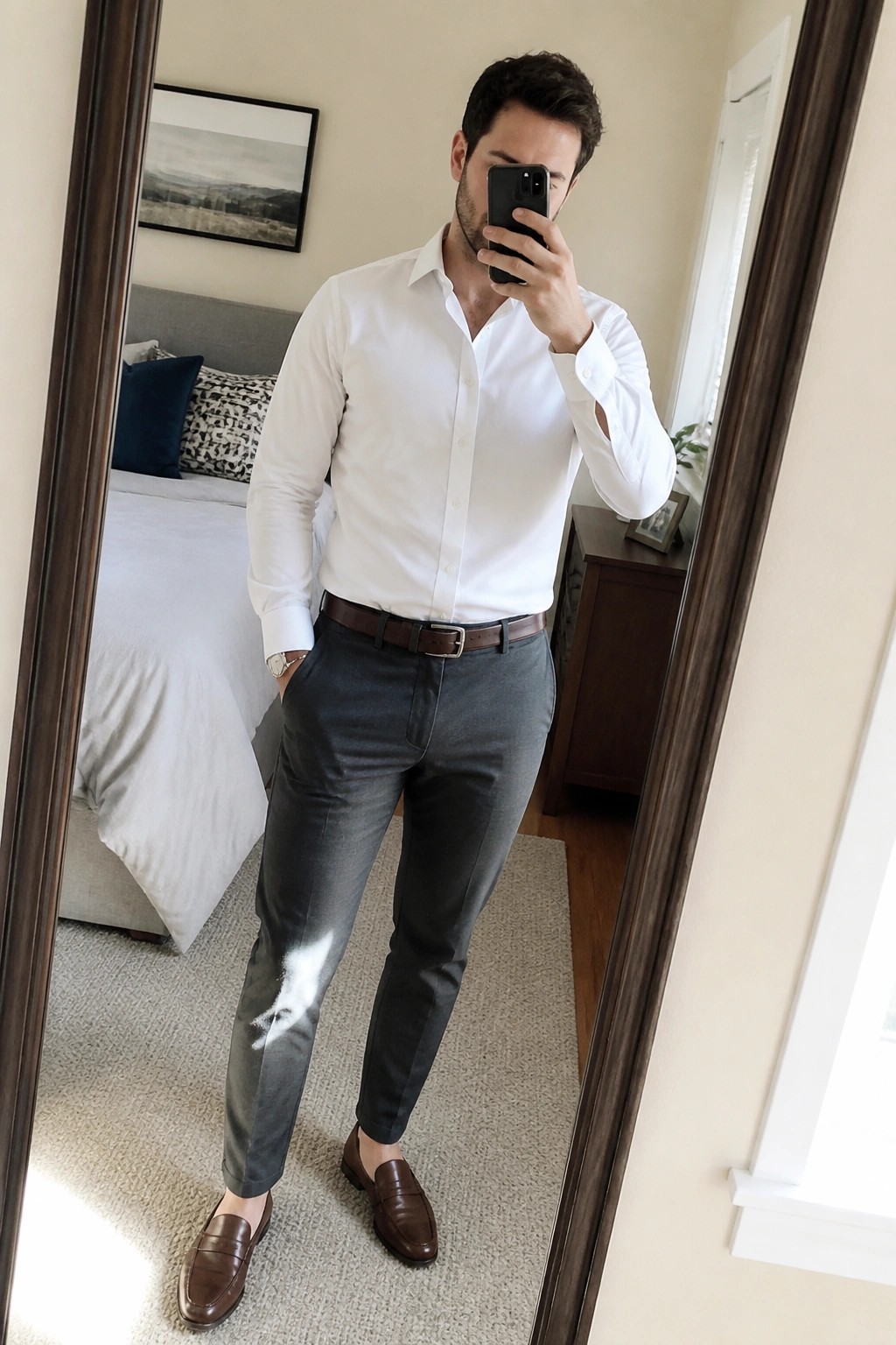 Man in white dress shirt tucked into gray tapered pants with brown belt and loafers taking a mirror selfie in a bedroom setting