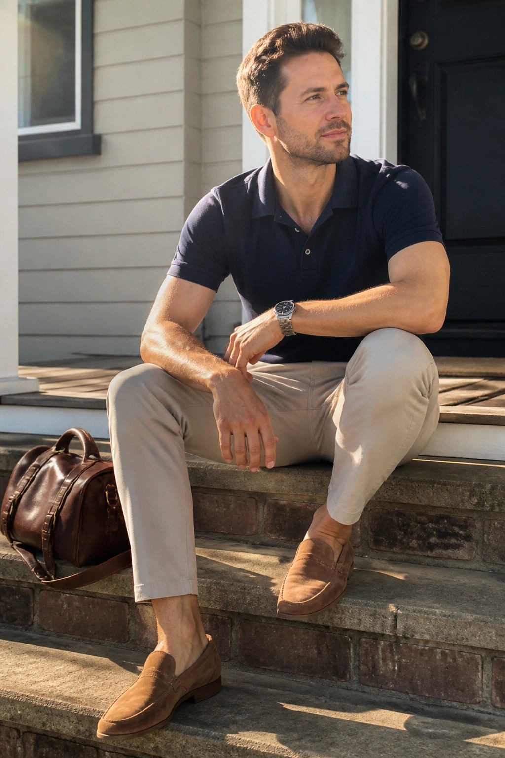Man wearing navy polo shirt tucked into beige tapered pants with brown suede loafers and silver watch while seated on steps next to brown leather bag.