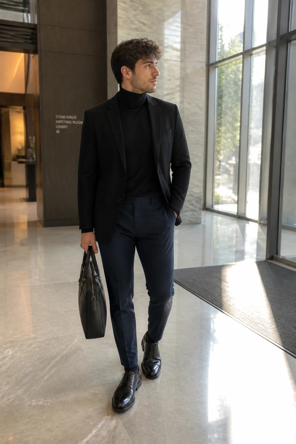 Man in black blazer and turtleneck with navy pants holding leather bag in lobby.