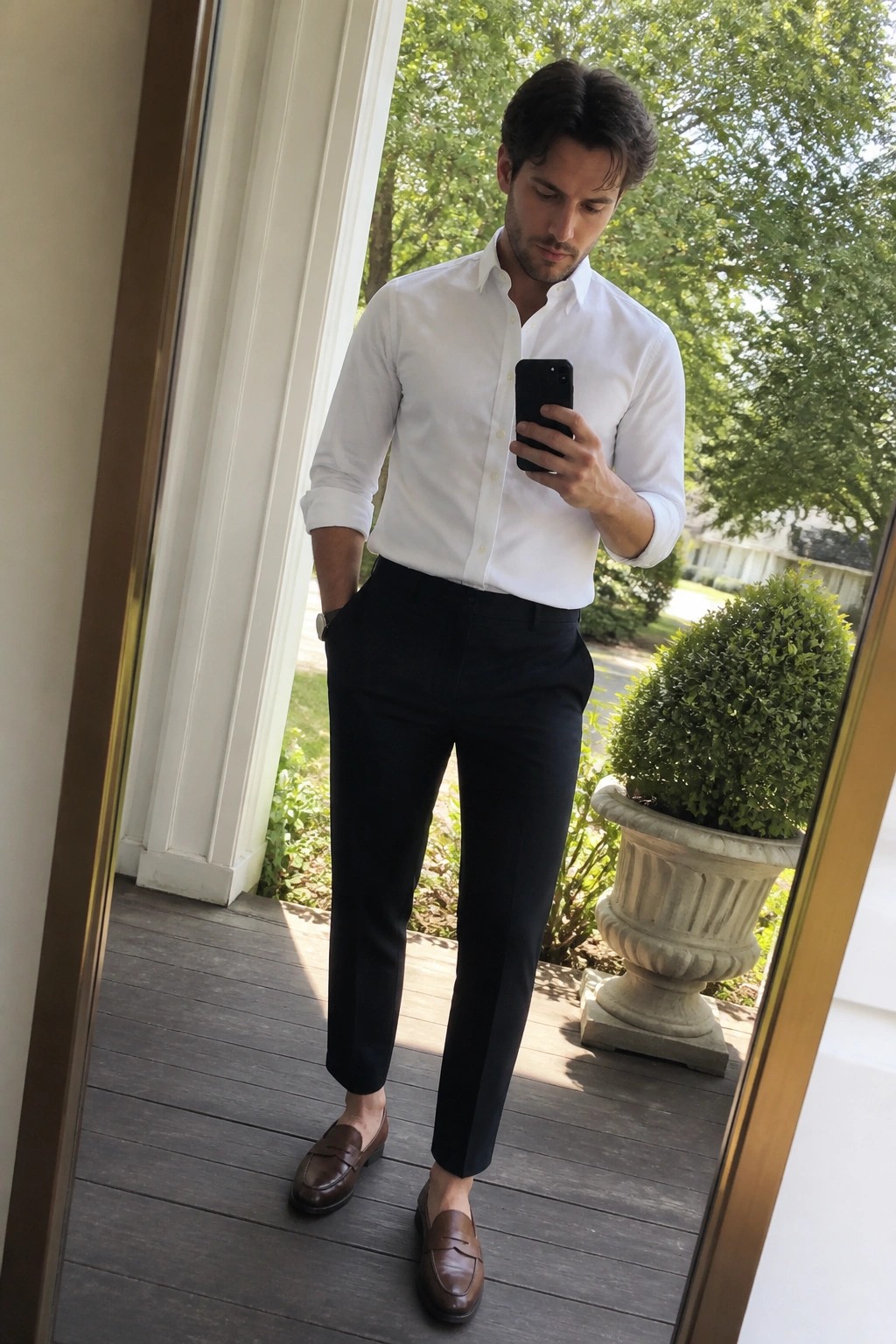 Man in white shirt and black pants checks phone on sunny wooden porch