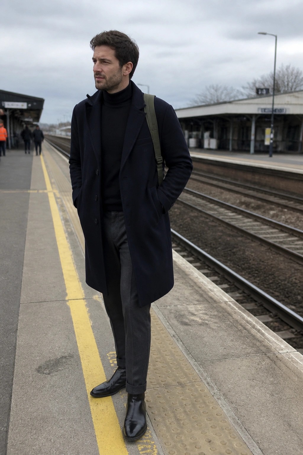 Man in navy overcoat and black turtleneck on train platform with hands in pockets