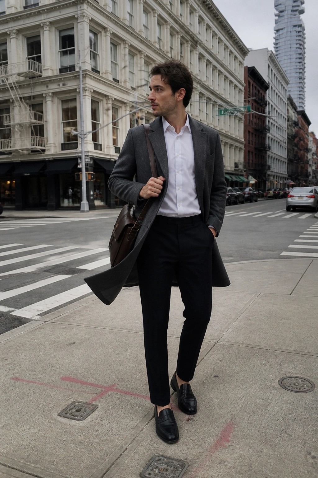 Man in gray overcoat, white shirt, black pants with leather bag on city street
