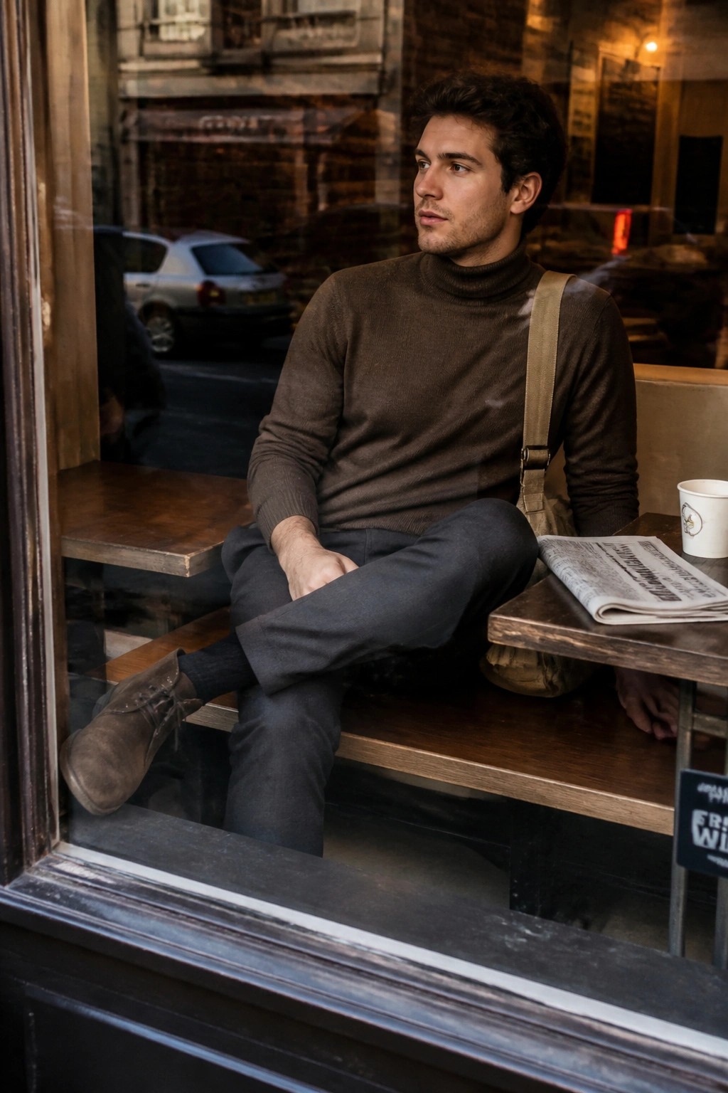 Man in brown turtleneck sits by cafe window with newspaper and coffee.