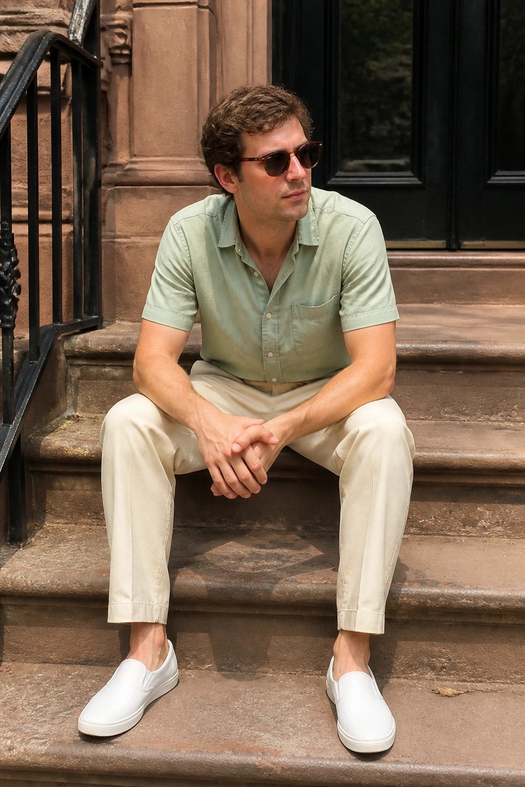 Man seated on stone steps wearing light green short sleeve button up shirt, beige cotton trousers, white slip on shoes and tortoiseshell sunglasses with hands clasped in lap.