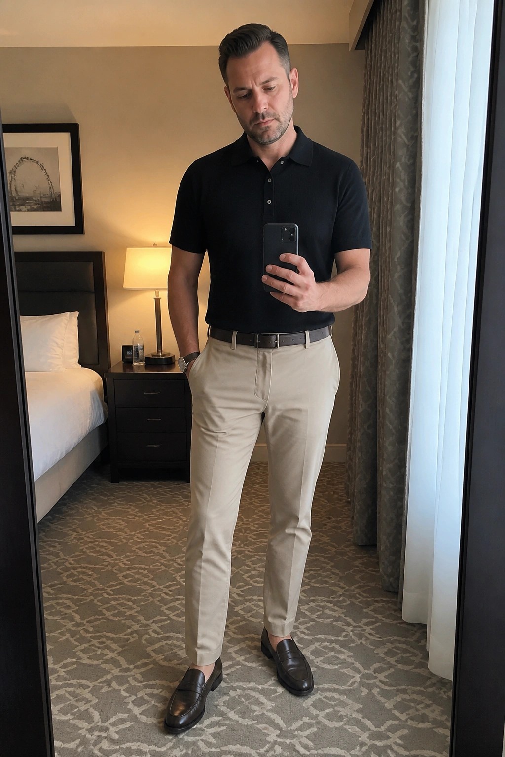 Man in black polo shirt and beige pants taking mirror selfie in hotel room