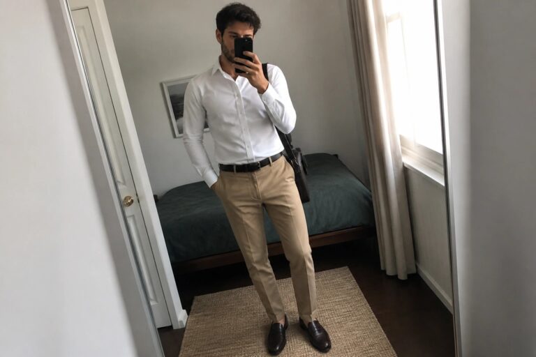 Man wearing white button down shirt tucked into tan cotton formal trousers with brown suspenders black belt and brown leather loafers holding a phone and black bag in a bedroom mirror selfie