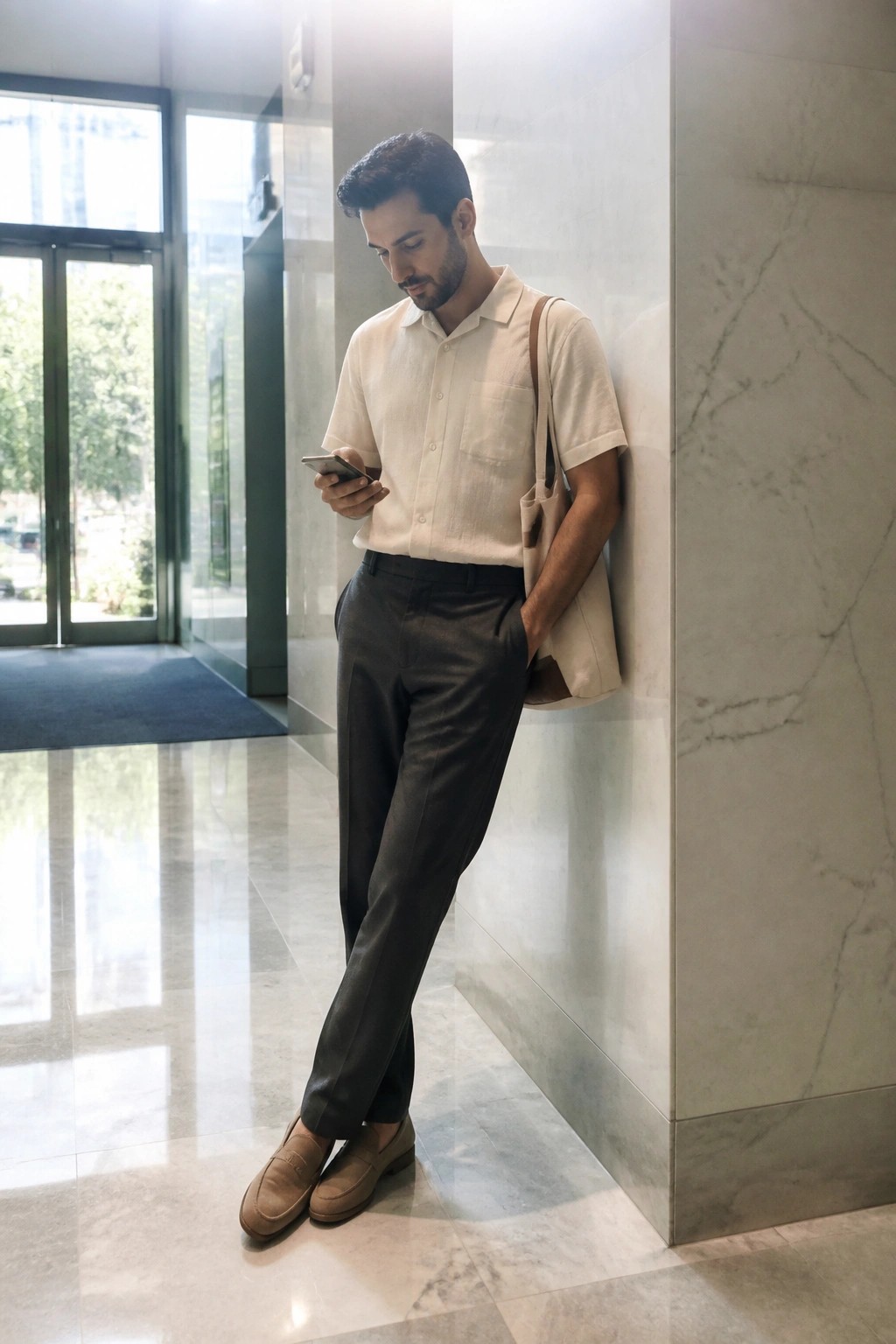 Man in beige shirt leans on marble wall checking phone with tote bag.