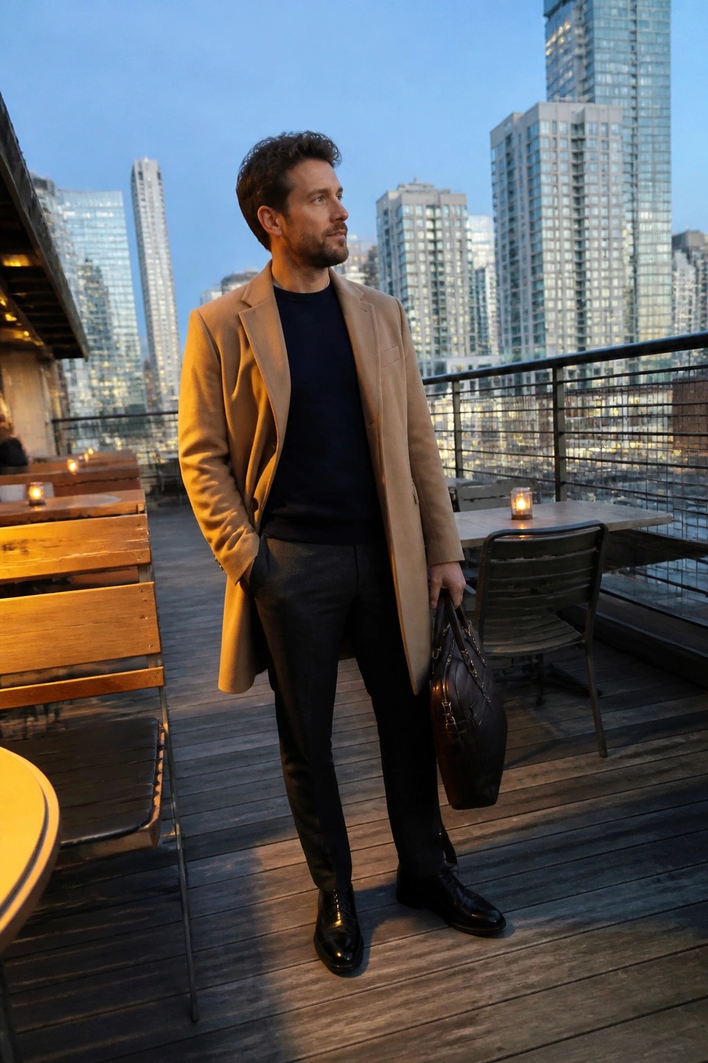 Man in tan overcoat holding leather bag on city rooftop at dusk