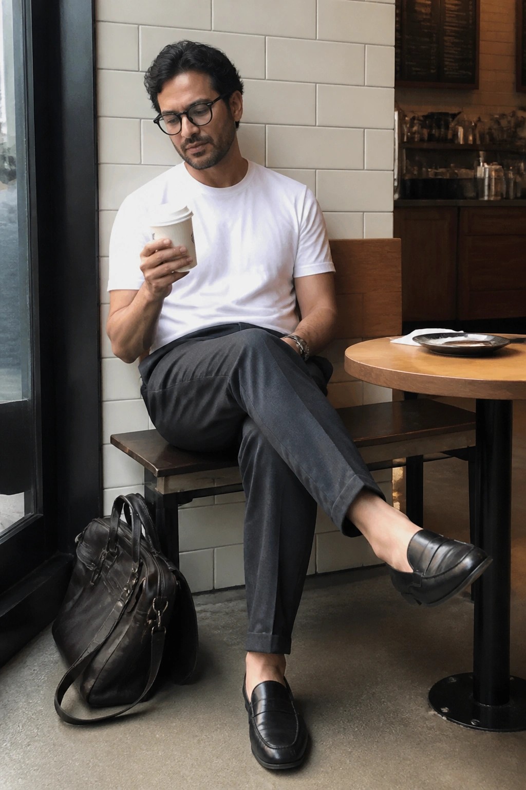 Man with glasses in white t-shirt holding coffee in cafe with leather bag
