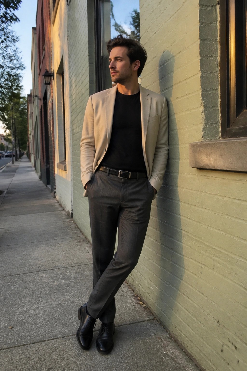 Man in beige blazer and grey pants leaning against green brick wall on sidewalk