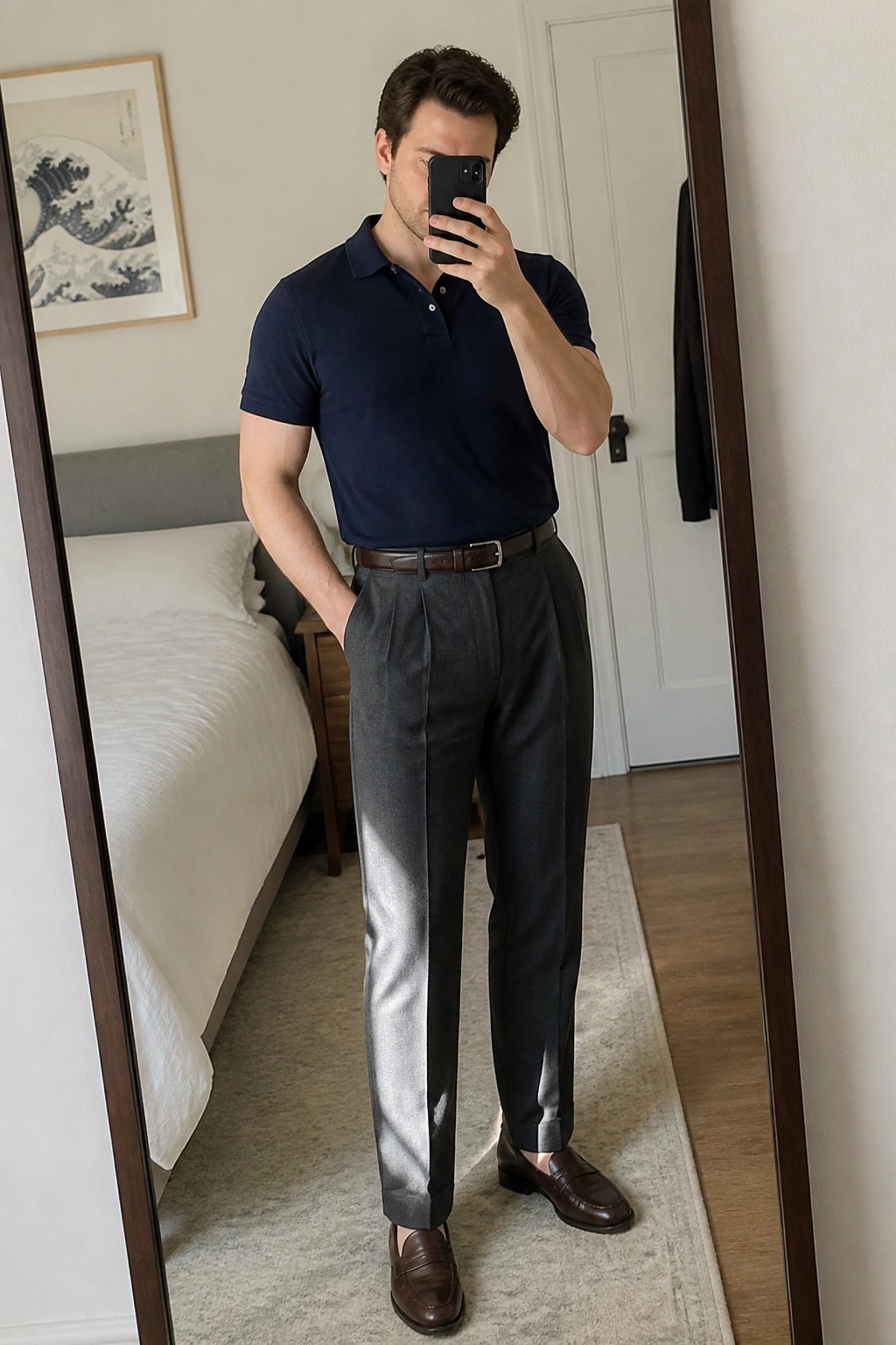 Man in navy polo shirt and gray pleated trousers taking mirror selfie in bedroom.