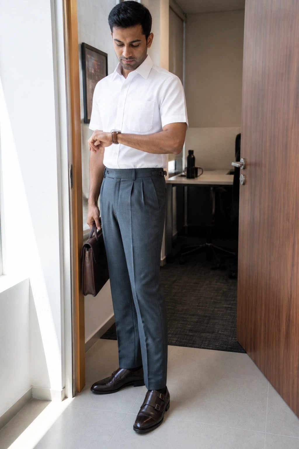 Man in white shirt and gray trousers checks watch while holding briefcase in office.
