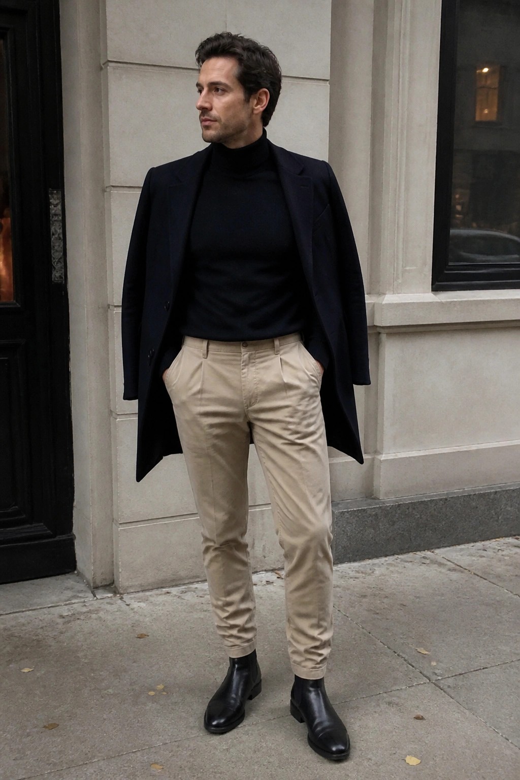Man wearing navy blazer over black turtleneck, beige cotton formal trousers, and black Chelsea boots standing on city sidewalk.