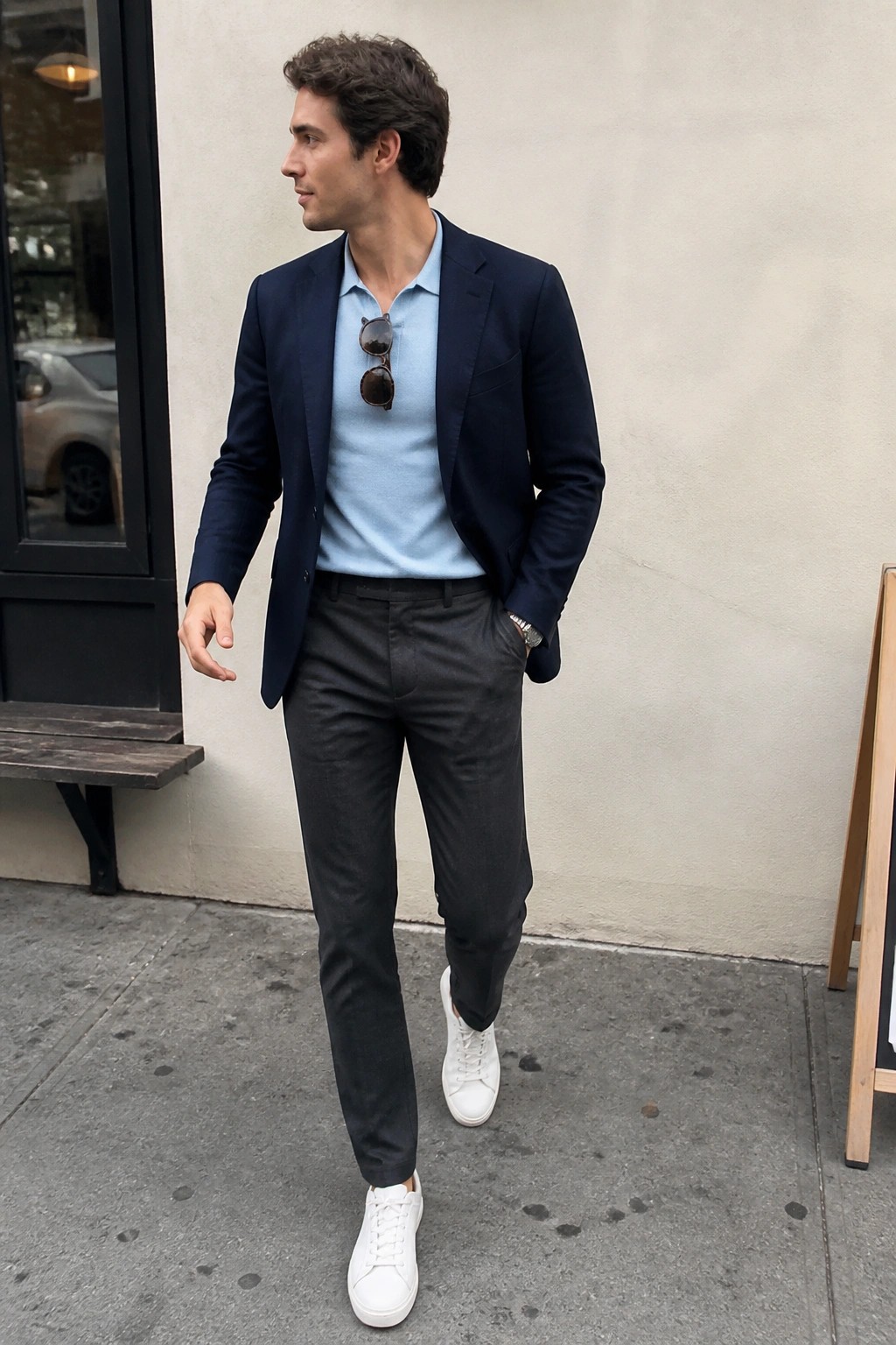 Man in navy blazer over light blue polo, dark pants, and white sneakers on sidewalk