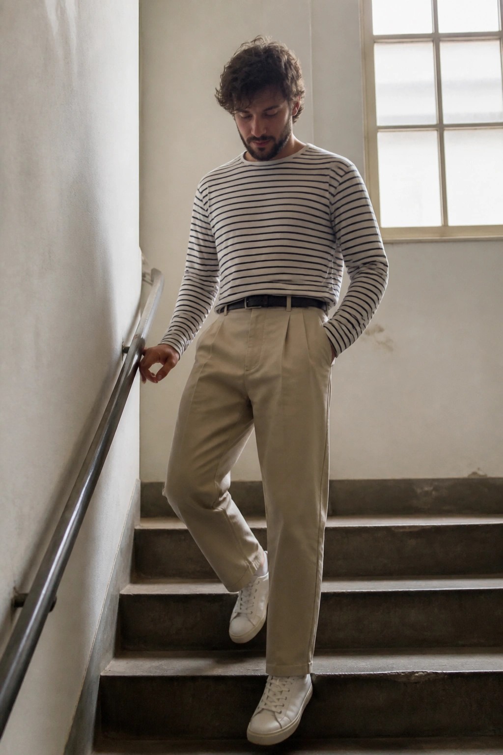 A man in a navy striped long sleeve top, beige pleated cotton trousers with black belt, and white sneakers poses on indoor stairs with one hand on the railing.