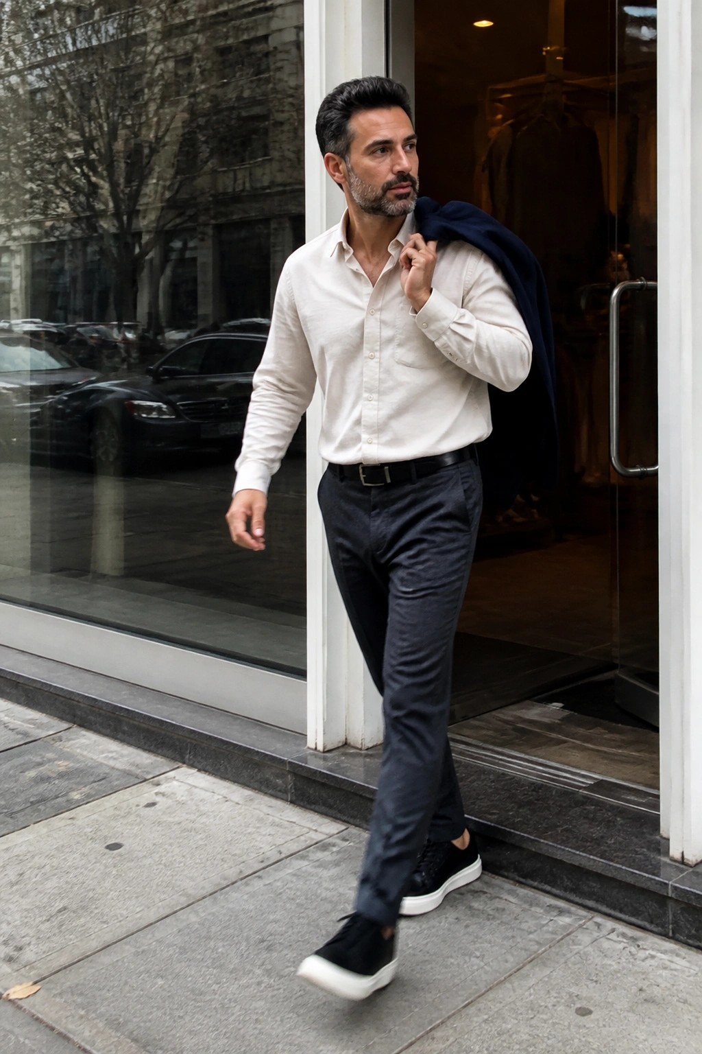 A man in a white button-down shirt tucked into dark cotton formal trousers with a black belt, black sneakers featuring white soles, and a navy blazer draped over one shoulder as he steps along a sidewalk.