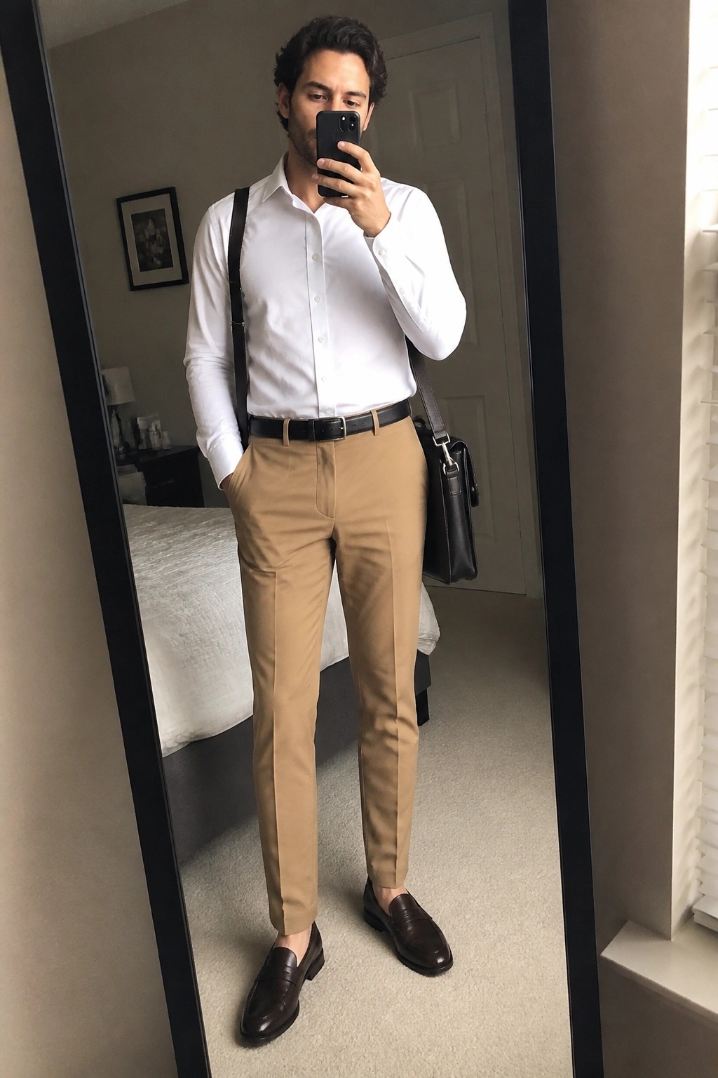 Man wearing white button down shirt tucked into tan cotton formal trousers with brown suspenders black belt and brown leather loafers holding a phone and black bag in a bedroom mirror selfie