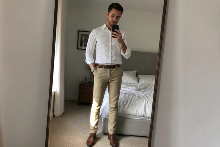 Man in white shirt and beige pants taking mirror selfie in bedroom