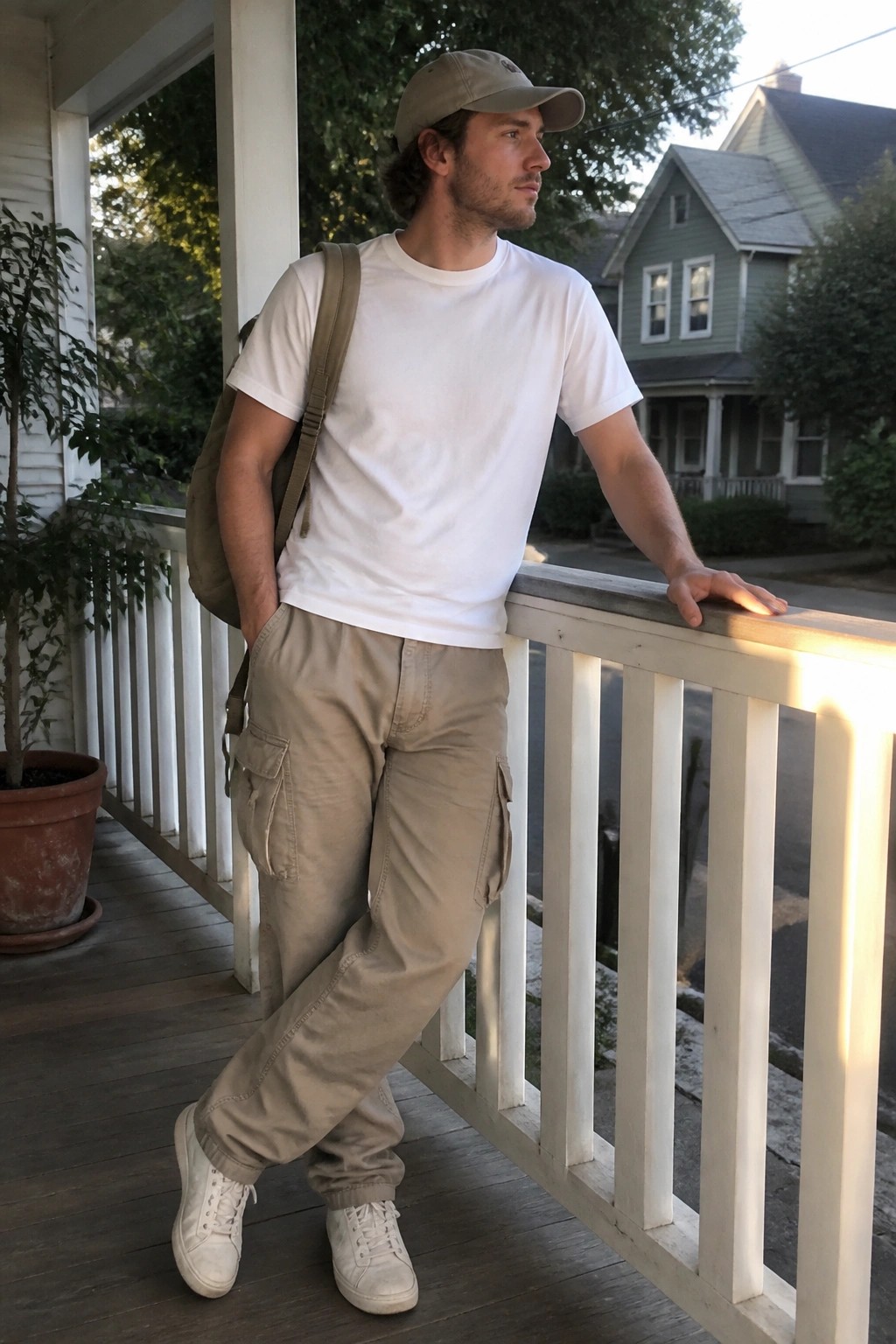 Man in white t-shirt and beige cargo pants leaning on porch railing
