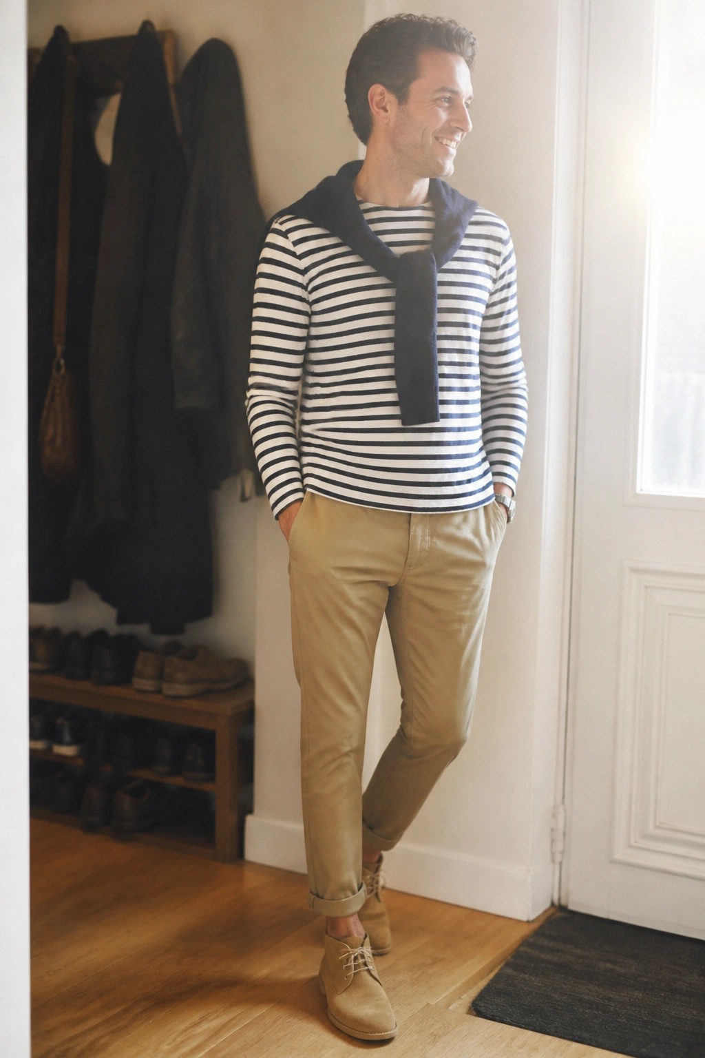 Man wearing a navy and white striped long sleeve shirt with a navy neck scarf detail tucked in, paired with cuffed khaki pants and light brown suede chukka boots, hands in pockets.