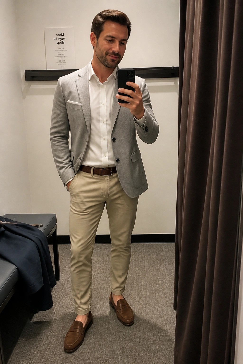 Man in gray blazer and khaki pants taking mirror selfie in fitting room