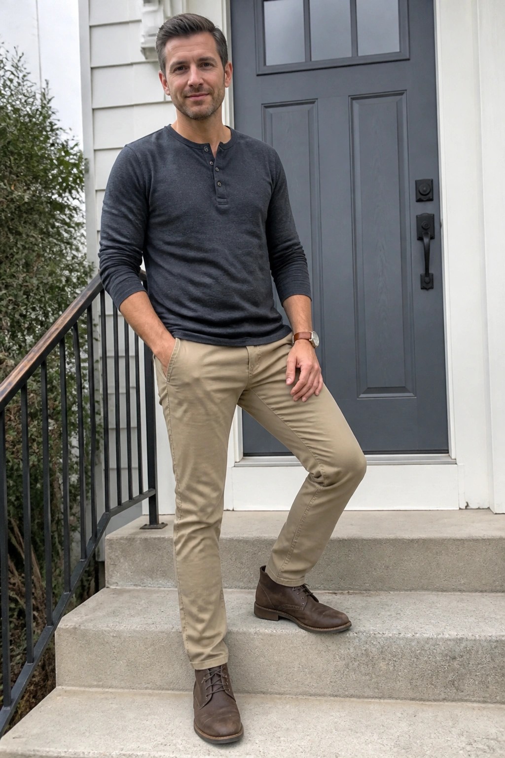 Man in gray henley shirt and khaki pants on concrete steps by gray door