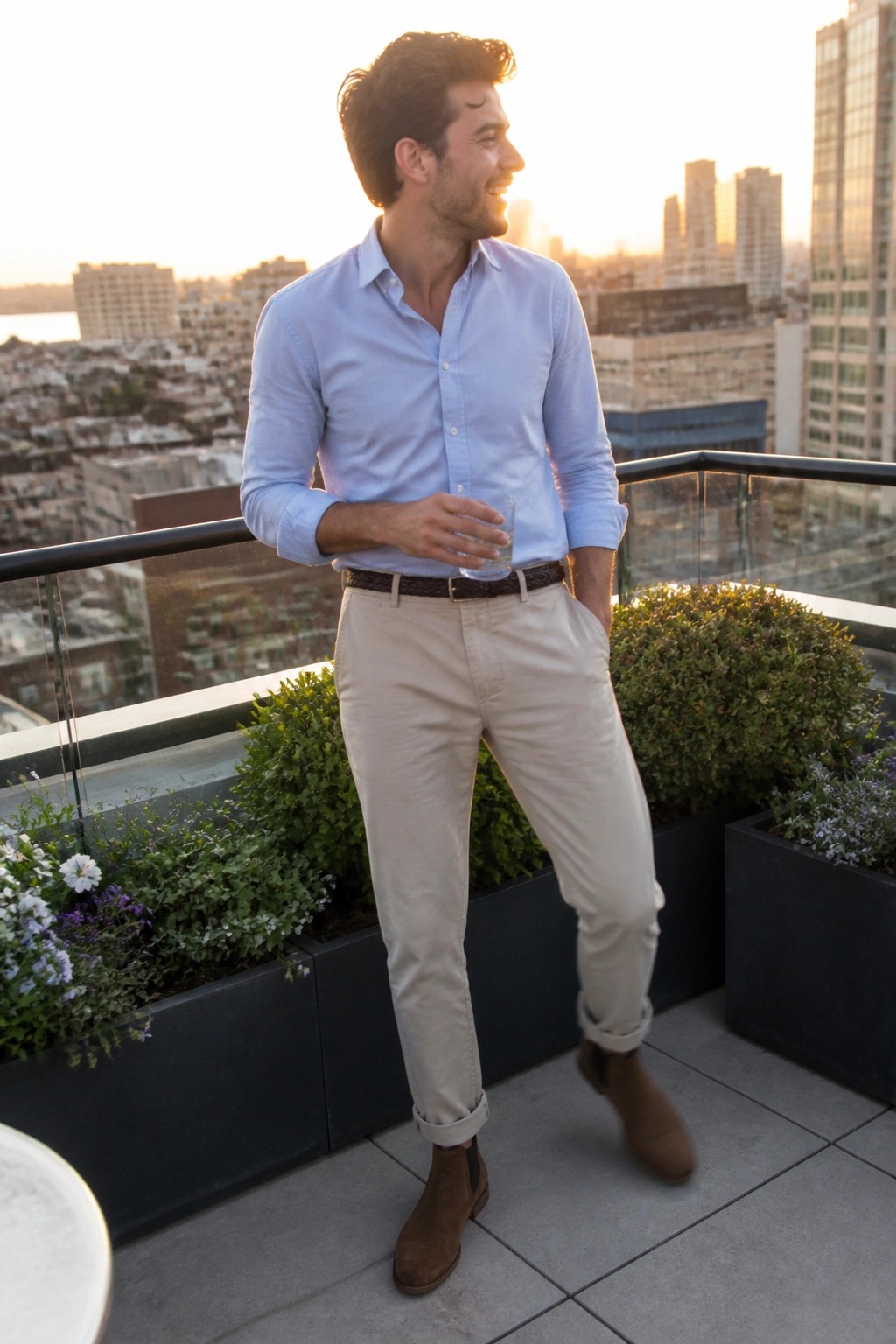 Man in light blue shirt and beige pants holding glass on sunset rooftop terrace