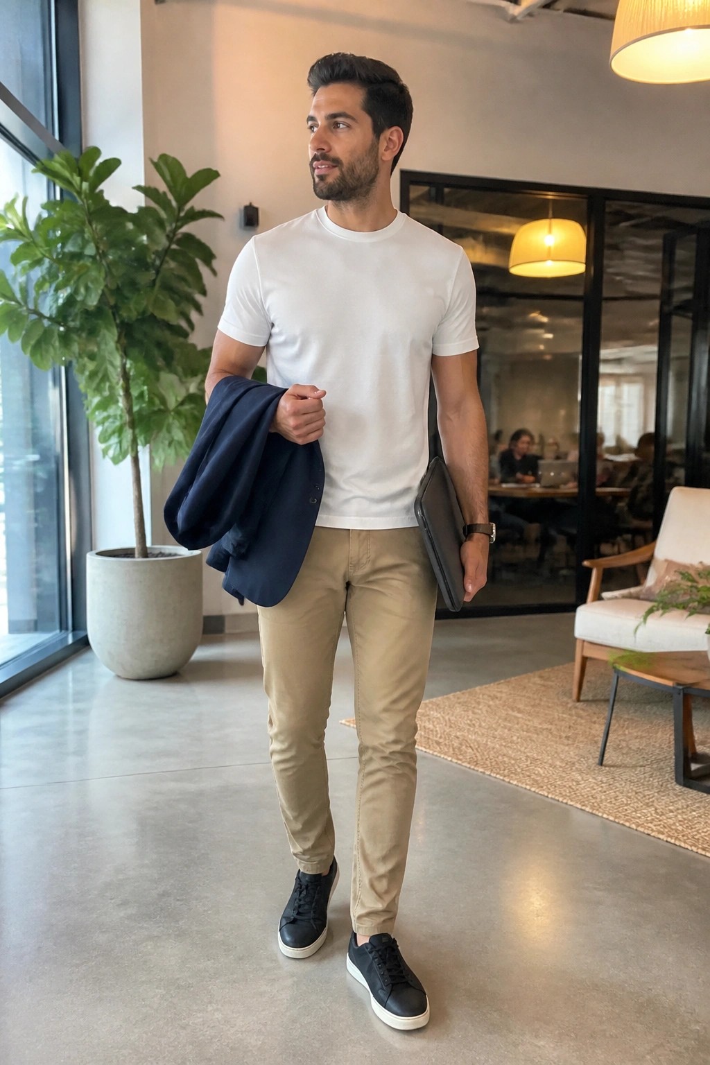 Man in white t-shirt holding navy blazer and laptop in modern office