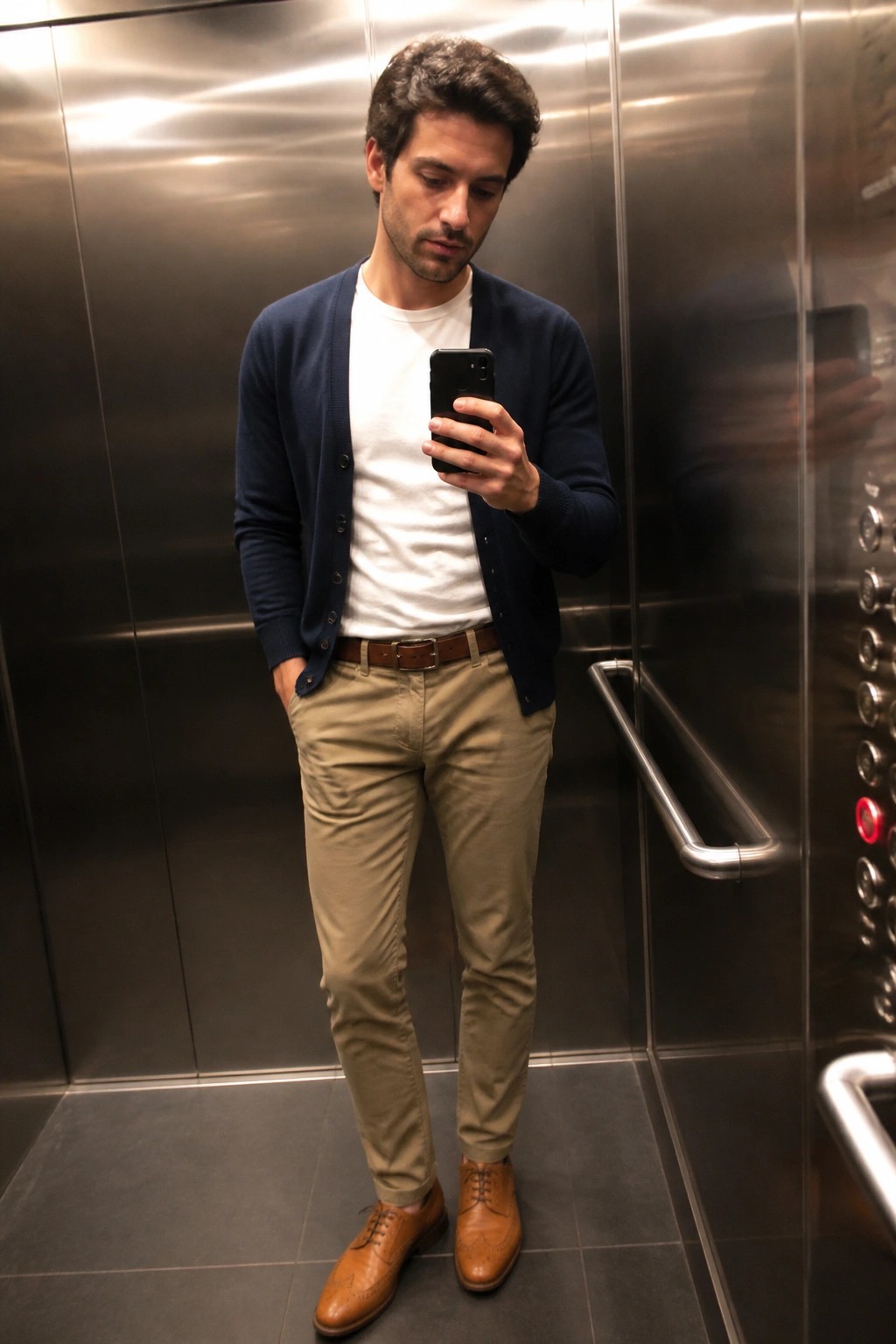 Man standing in elevator wearing navy cardigan over white t-shirt with khaki pants brown leather belt and brown brogue shoes while holding a phone.