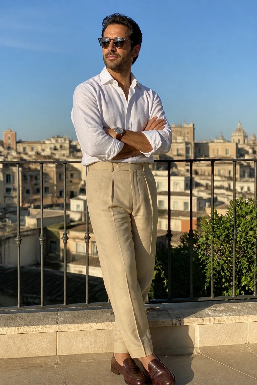 Man in white shirt and beige pants with arms crossed on sunny city balcony