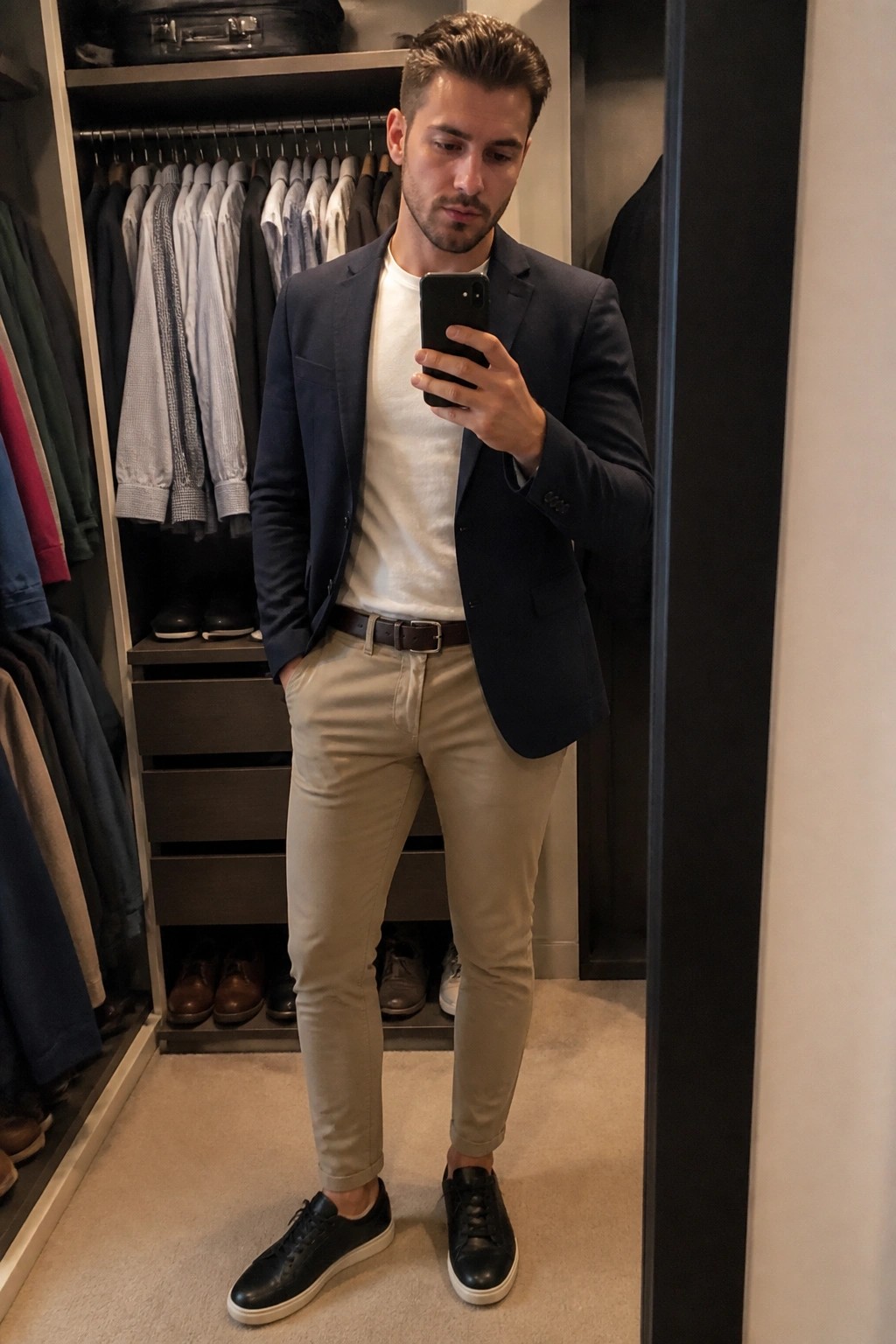 Man in navy blazer and khaki pants taking mirror selfie in closet
