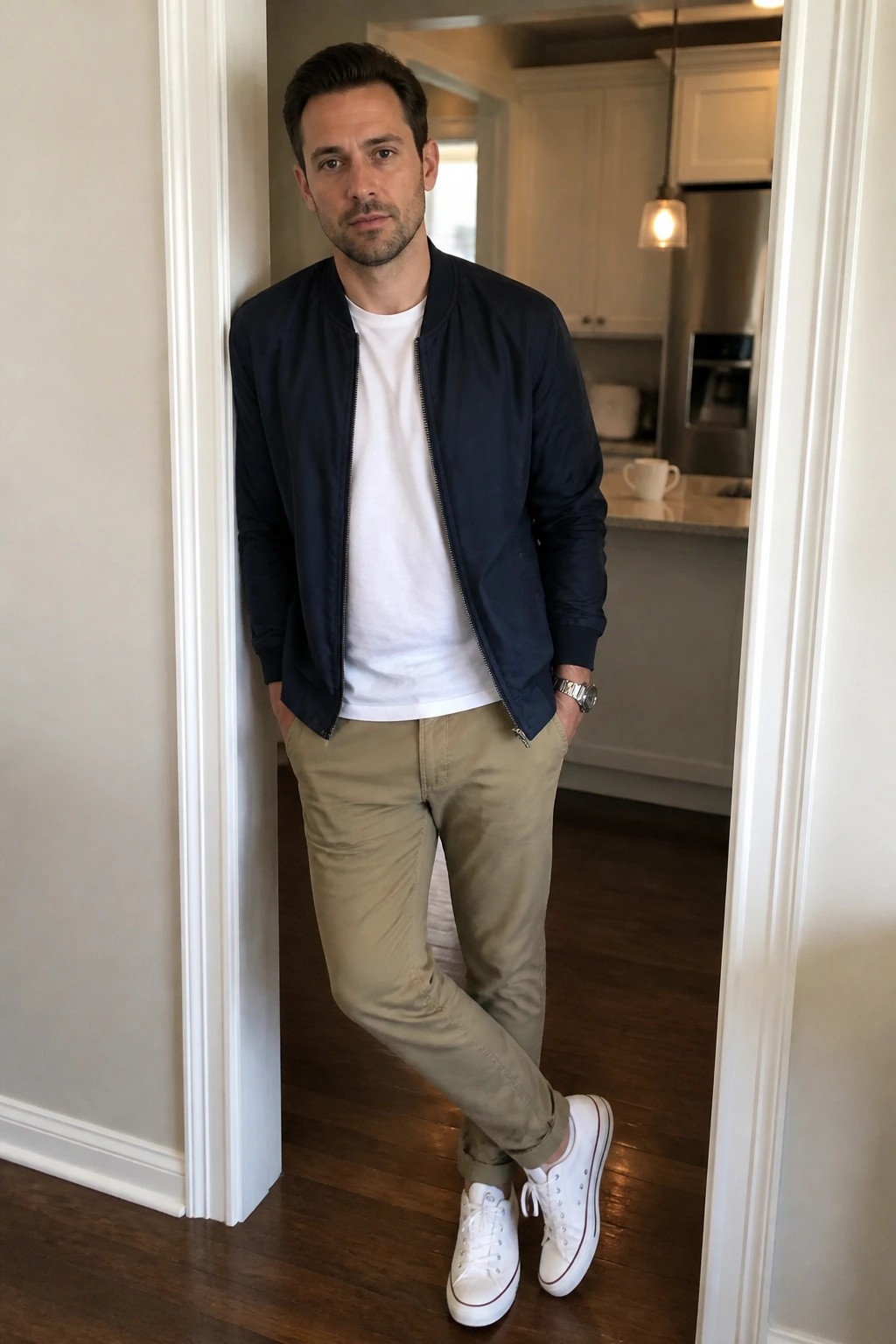 Man in navy bomber jacket, white tee, khaki pants, and white sneakers in doorway