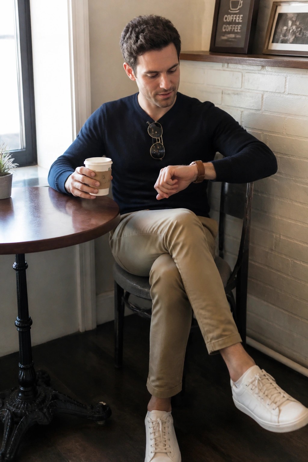 Man in navy sweater checks watch while holding coffee in cafe