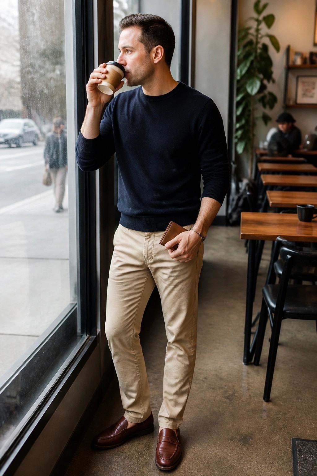 Man in navy sweater and khaki pants sipping coffee by cafe window holding wallet