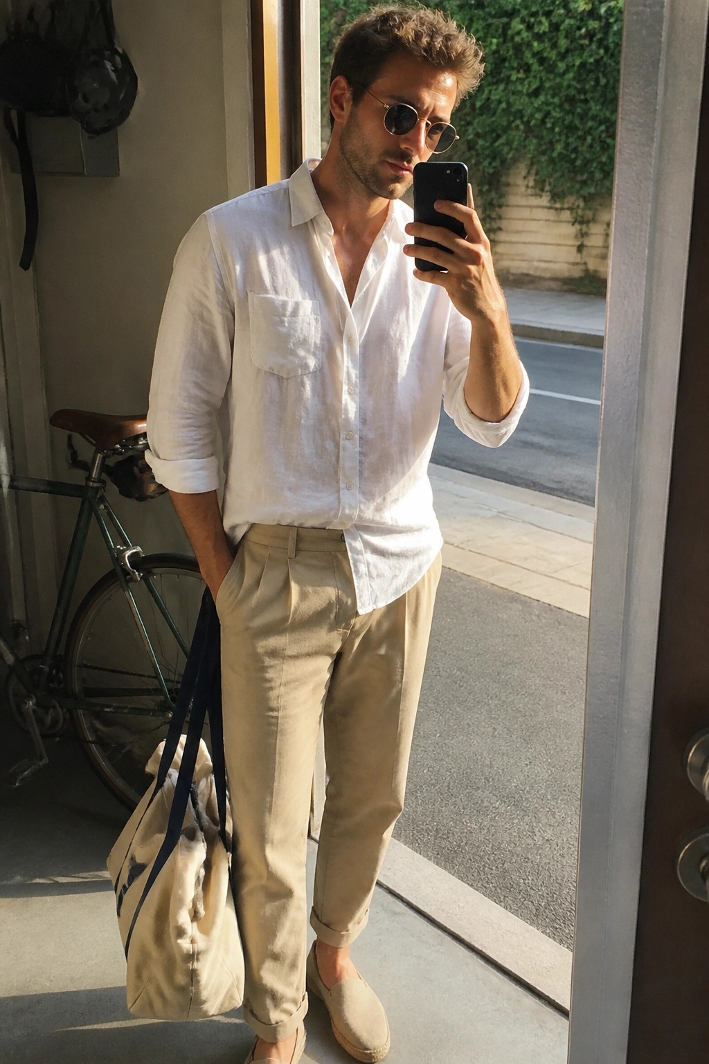Man in white linen shirt and beige pants takes selfie holding tote bag by bicycle