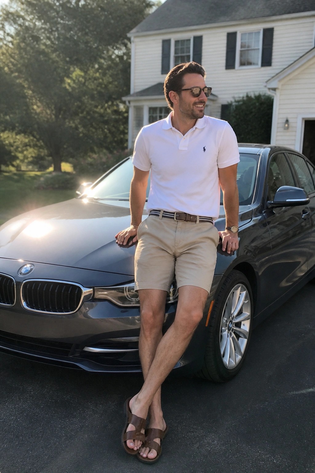 Smiling man in white polo and khaki shorts leaning on dark gray BMW.