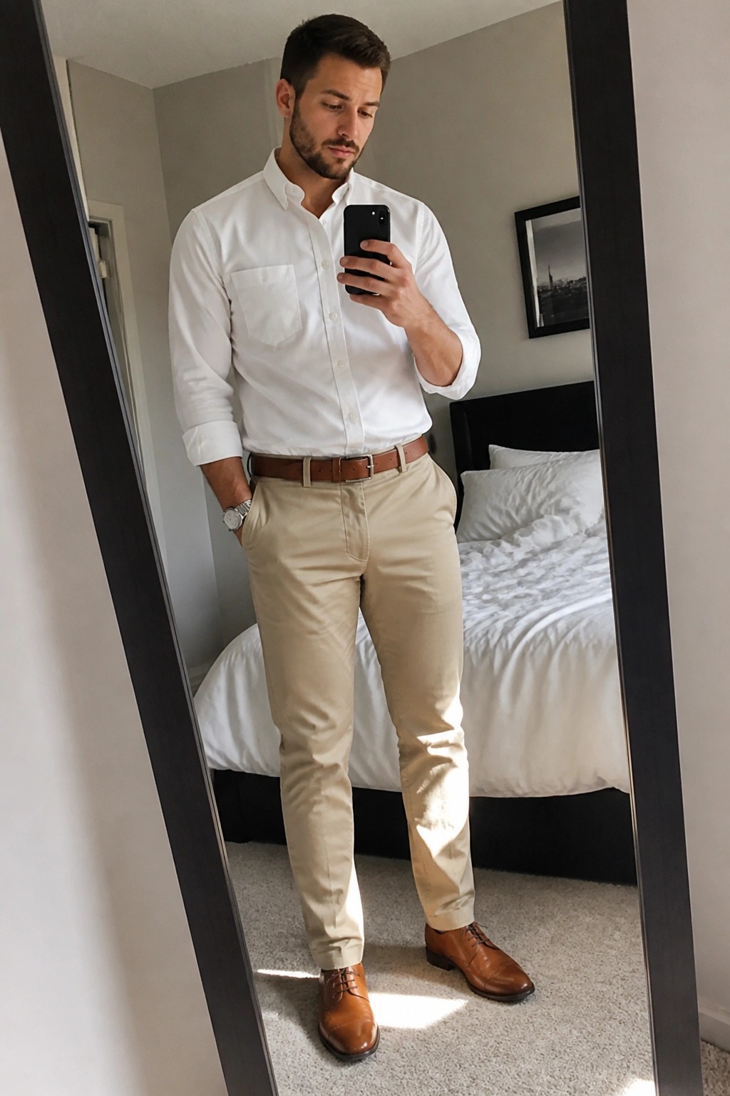 Man in white shirt and beige pants taking mirror selfie in bedroom