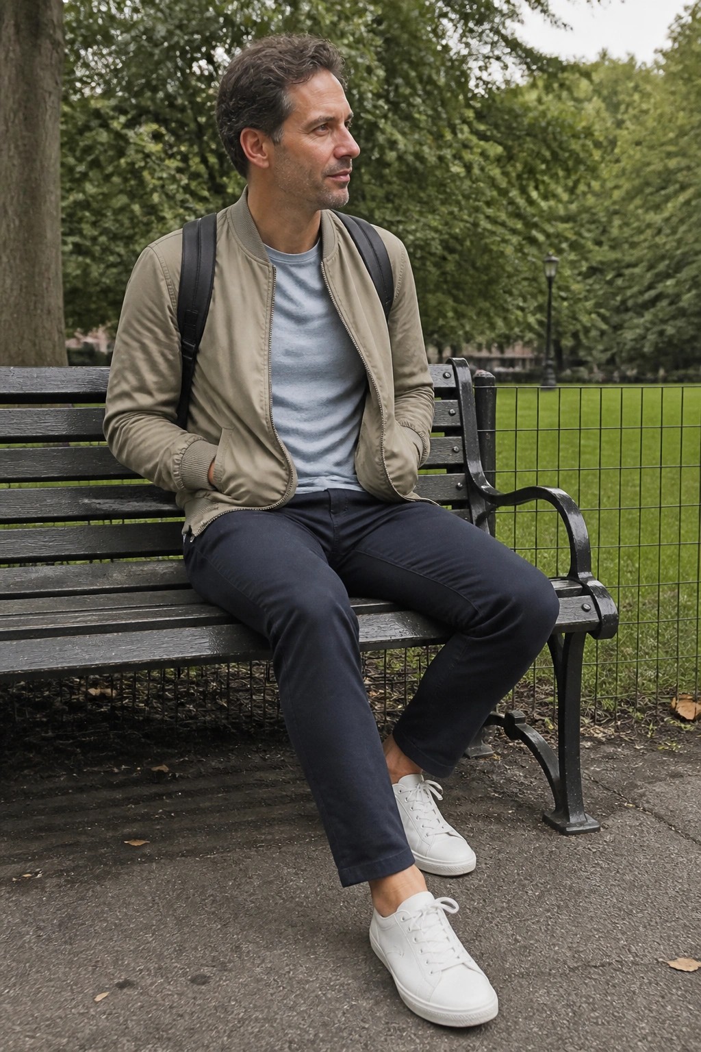 Man in beige bomber jacket with backpack on park bench wearing white sneakers