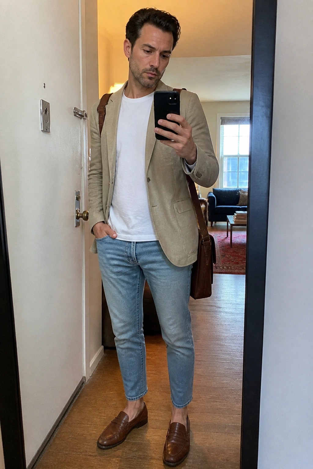 Man in beige blazer and jeans takes mirror selfie with leather bag