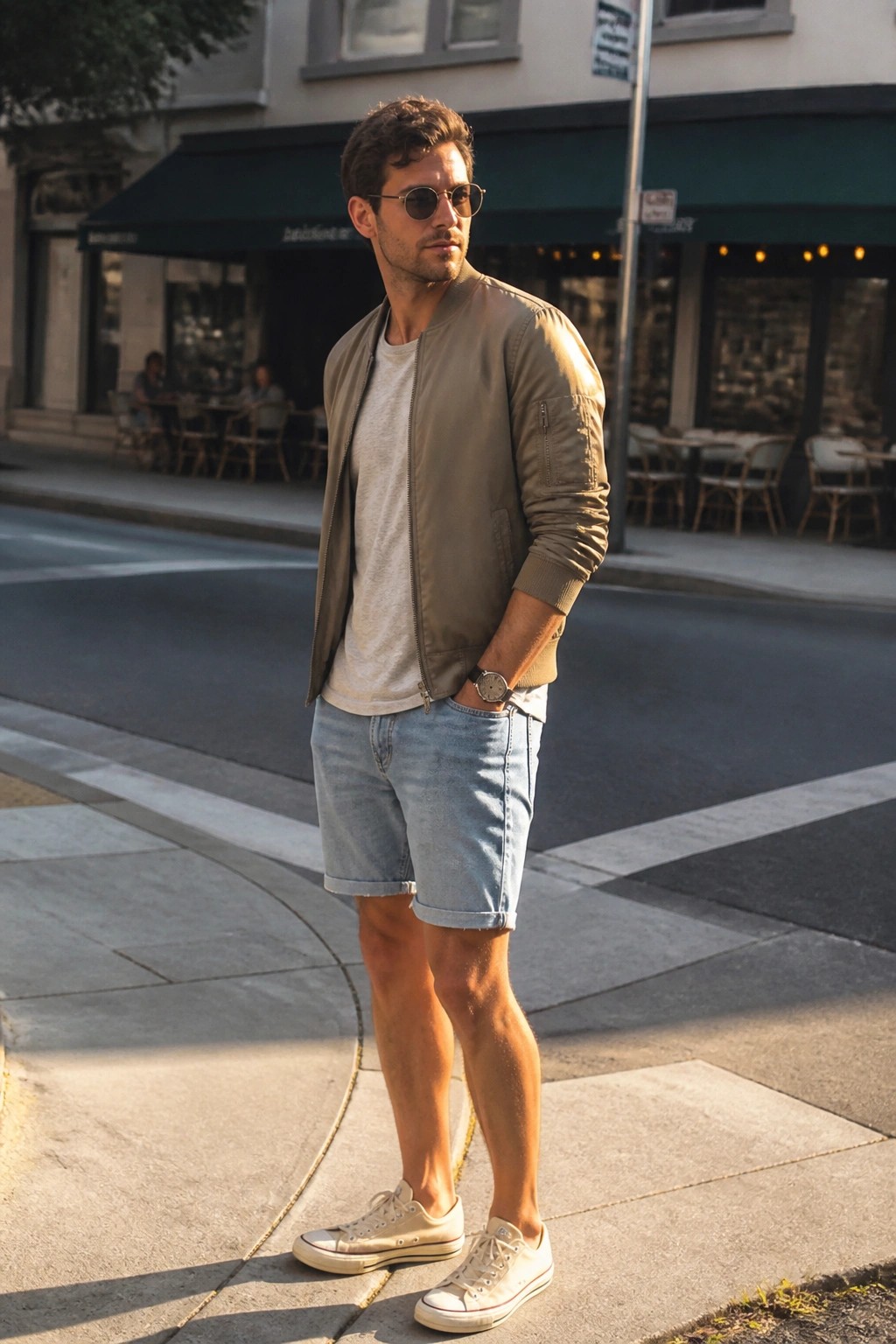 Man in beige bomber jacket, denim shorts, and sneakers on city sidewalk.