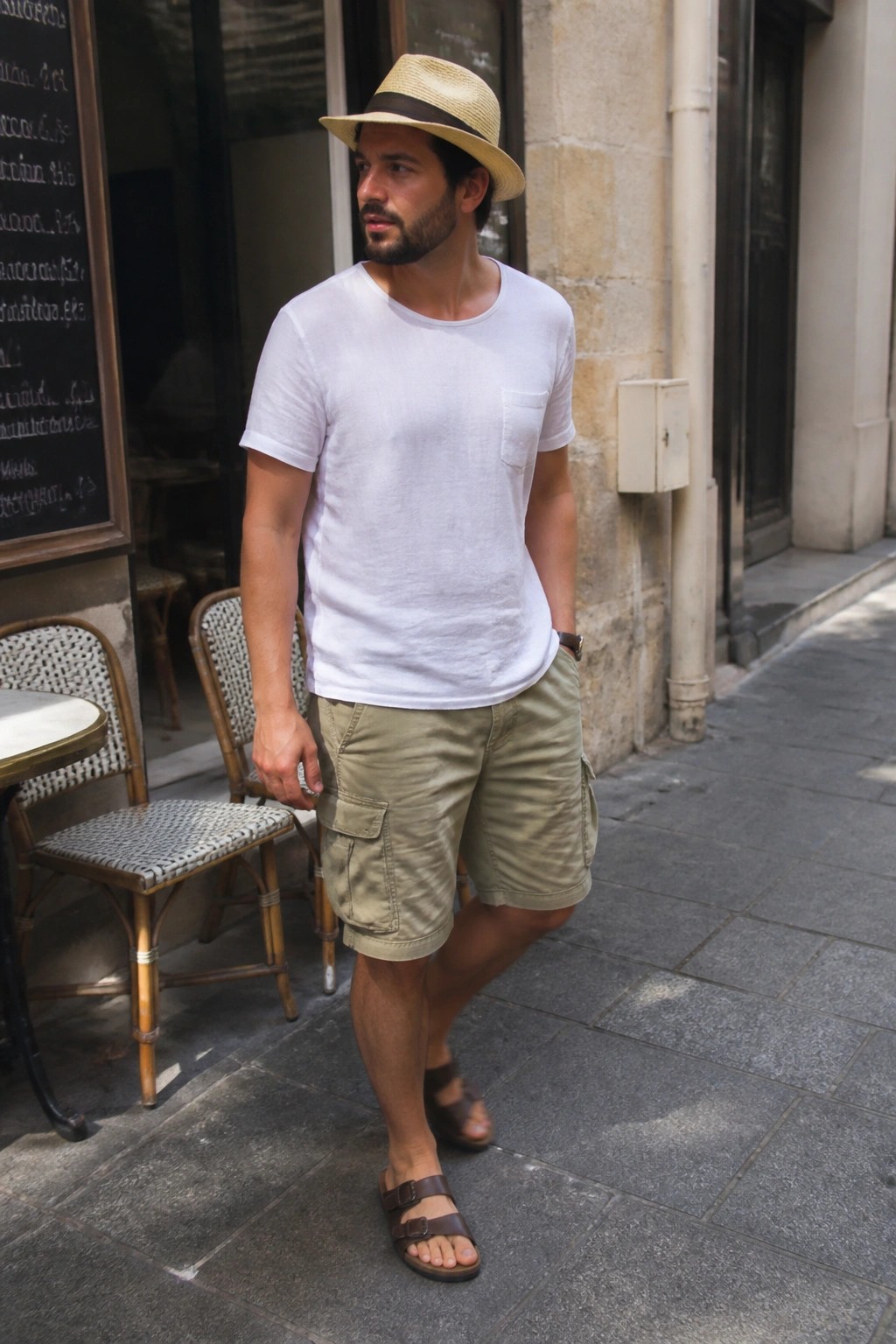 Man in white t-shirt, khaki cargo shorts, straw hat, and sandals on sidewalk.