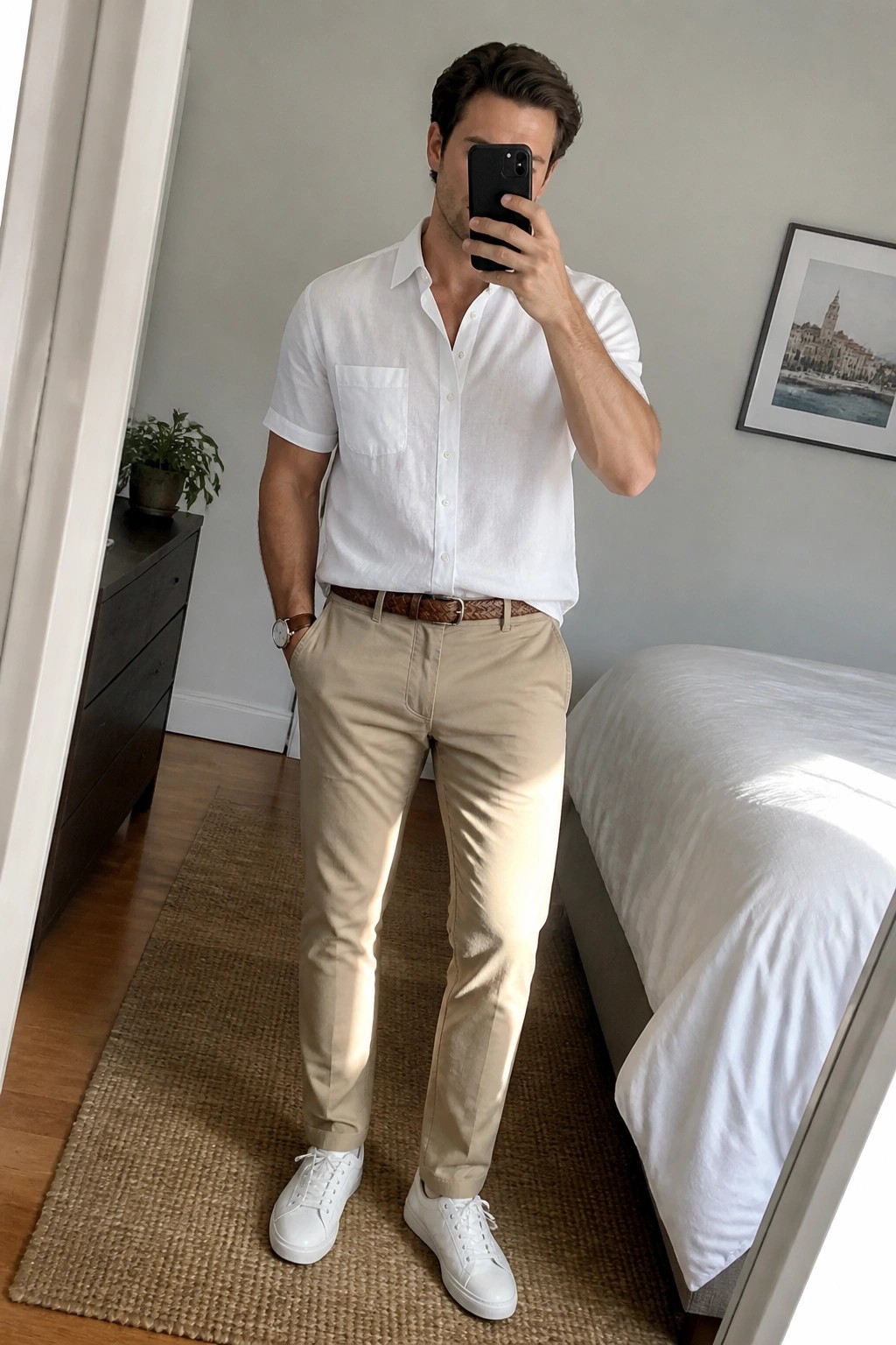 Man in white short-sleeve shirt and khaki pants taking bedroom mirror selfie.