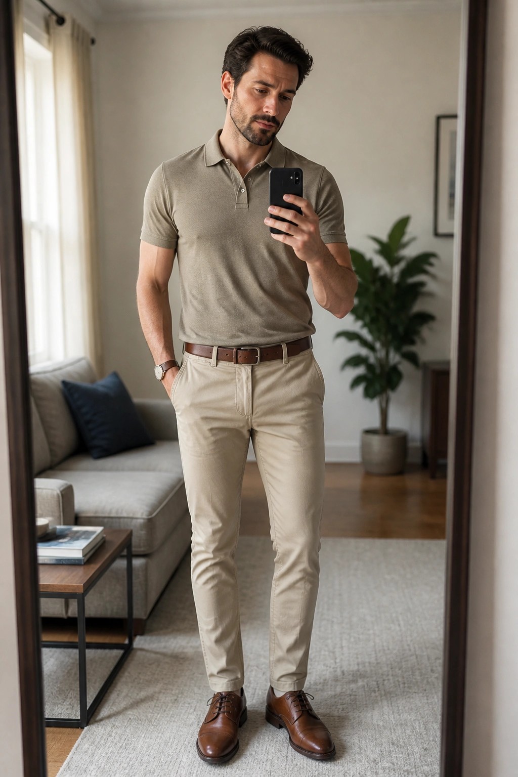 Man wearing beige polo shirt tucked into khaki pants with brown belt and brown leather shoes holding a phone in a mirror selfie.