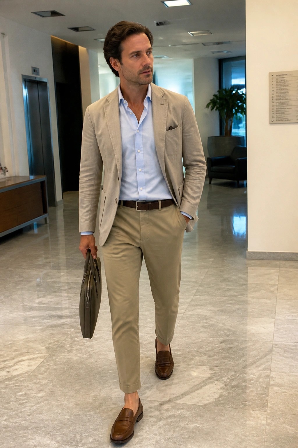 Man wearing a beige blazer over a light blue button down shirt with khaki trousers brown belt and brown loafers while carrying a taupe bag in a modern indoor lobby setting.